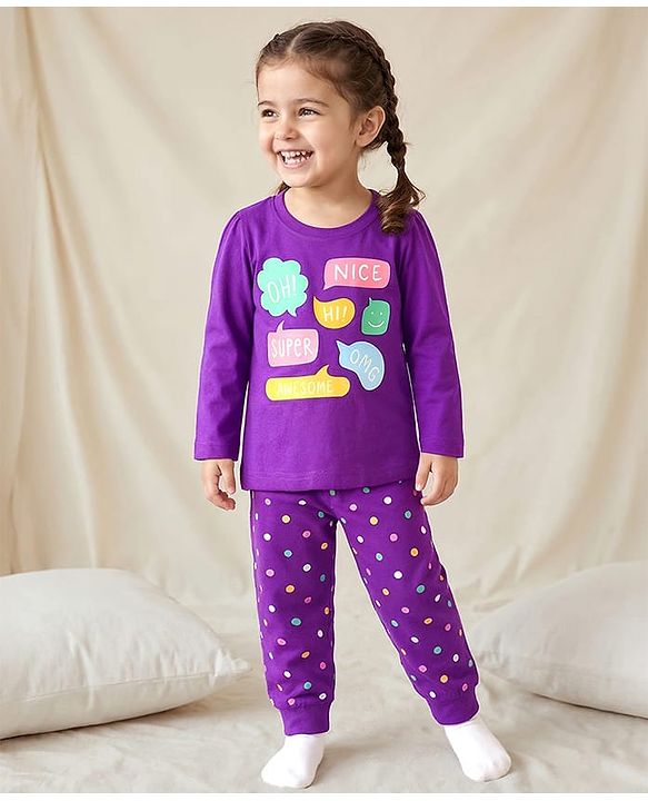 Babyhug Knit Full Sleeves Night Suit With Text Print - Purple
