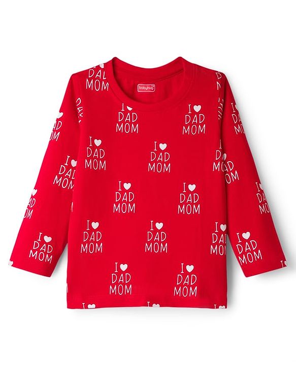 Babyhug Full Sleeves Co-ords Night Suit With Text Print - Red