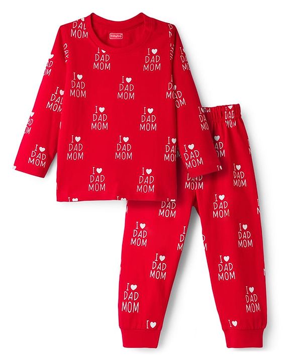 Babyhug Full Sleeves Co-ords Night Suit With Text Print - Red
