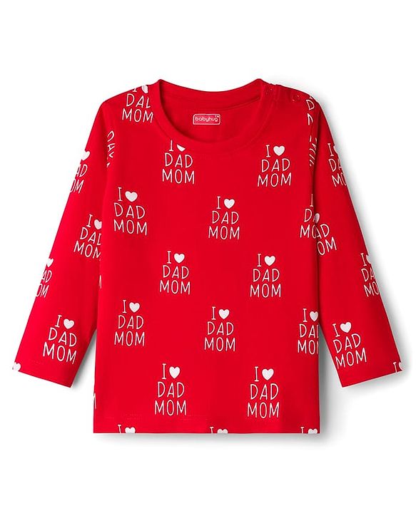Babyhug Full Sleeves Co-ords Night Suit With Text Print - Red