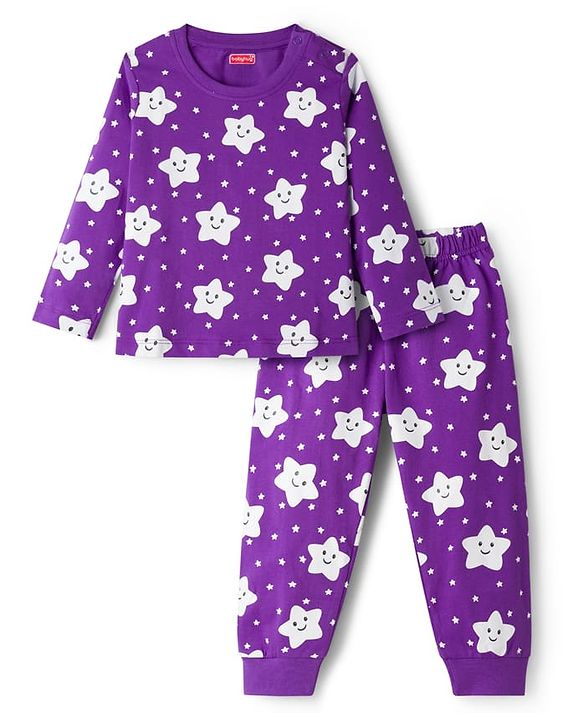 Babyhug Knit Full Sleeves Co-ords Night Suit With Star Print - Purple