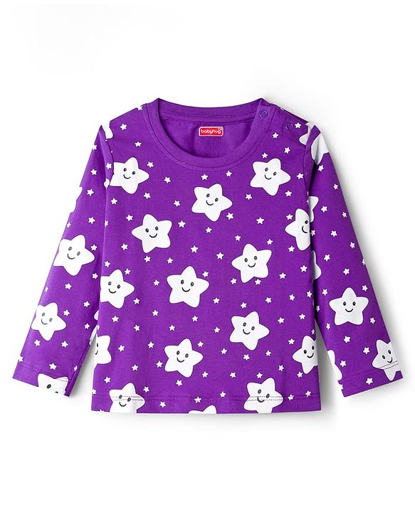 Babyhug Knit Full Sleeves Co-ords Night Suit With Star Print - Purple