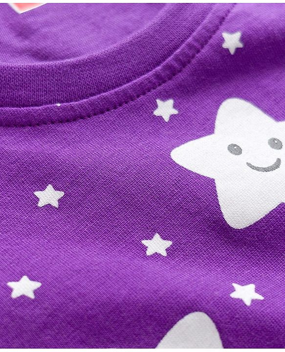 Babyhug Knit Full Sleeves Co-ords Night Suit With Star Print - Purple