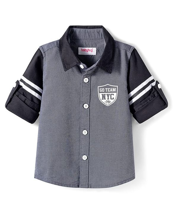 Babyhug 9-12m Boys Black & Grey Full Sleeve Regular Collar Solid Shirt