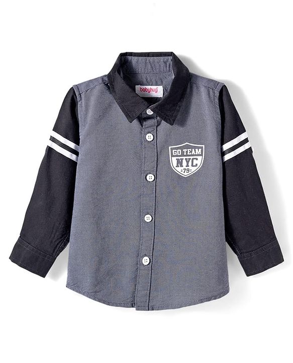 Babyhug 9-12m Boys Black & Grey Full Sleeve Regular Collar Solid Shirt
