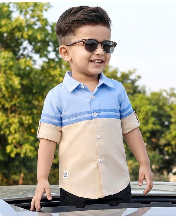 Babyhug Cotton Woven Full Sleeve Colour Block Solid Shirt- Blue & Beige