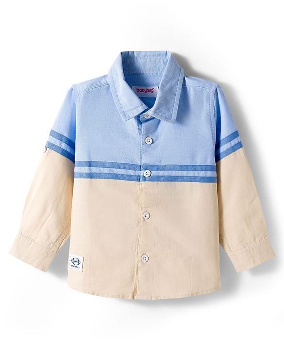 Babyhug Cotton Woven Full Sleeve Colour Block Solid Shirt- Blue & Beige