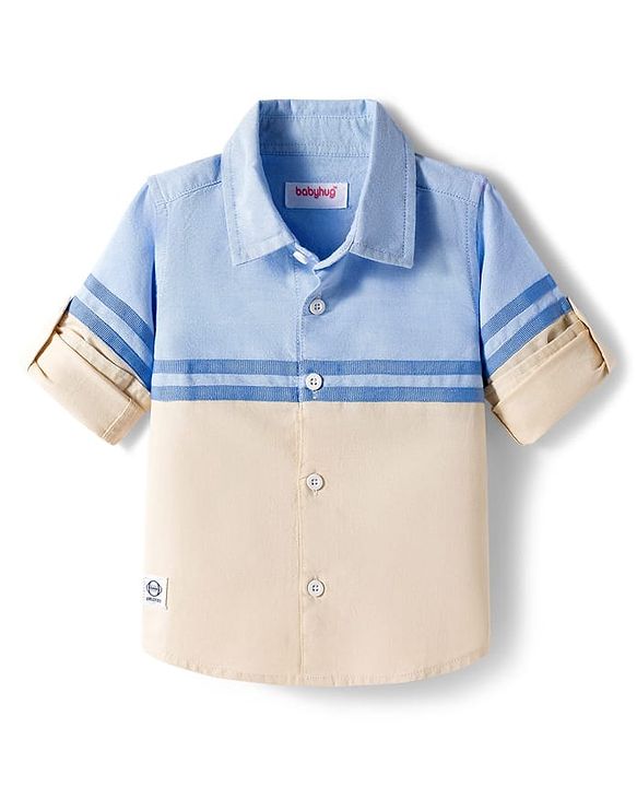 Babyhug Cotton Woven Full Sleeve Colour Block Solid Shirt- Blue & Beige