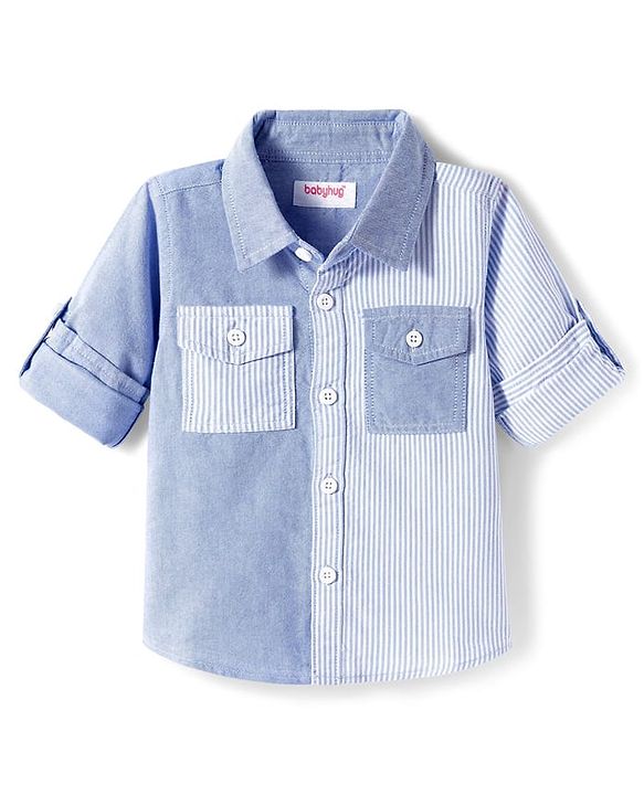 Babyhug Cotton Woven Full  Sleeve Cut & Sew Two-Tone Solid & Striped Shirt - Blue