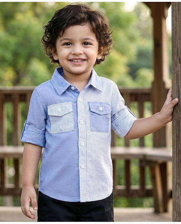 Babyhug Cotton Woven Full  Sleeve Cut & Sew Two-Tone Solid & Striped Shirt - Blue