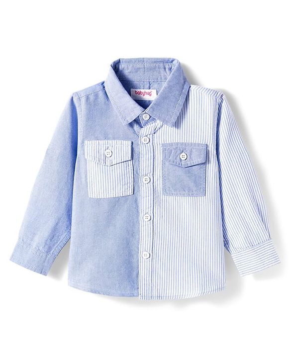 Babyhug Cotton Woven Full  Sleeve Cut & Sew Two-Tone Solid & Striped Shirt - Blue