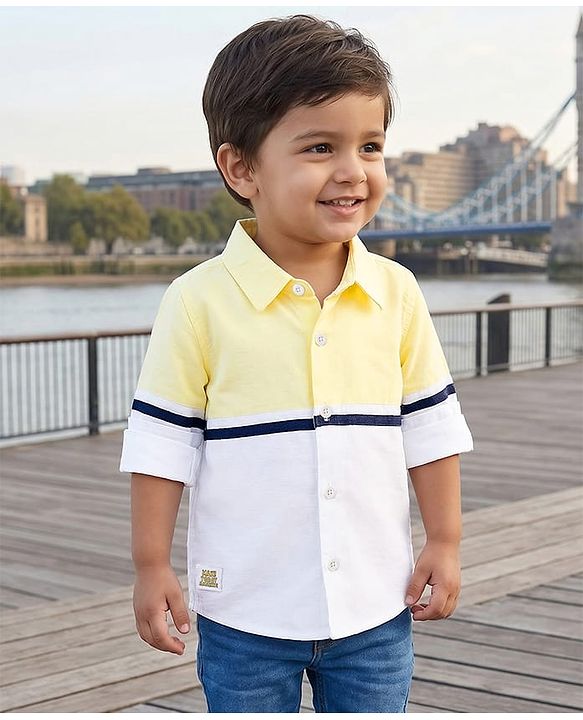 Babyhug Cotton Woven Full Sleeve  Cut & Sew Solid Colour Shirt - Yellow & White