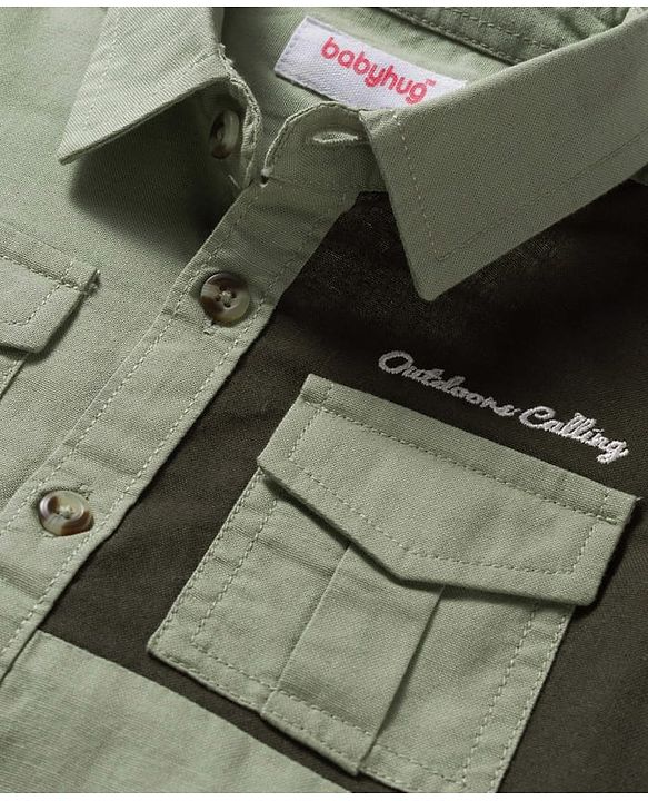 Babyhug Cotton Woven Full Sleeves Cut & Sew Solid Shirt with Text Embroidery -Green