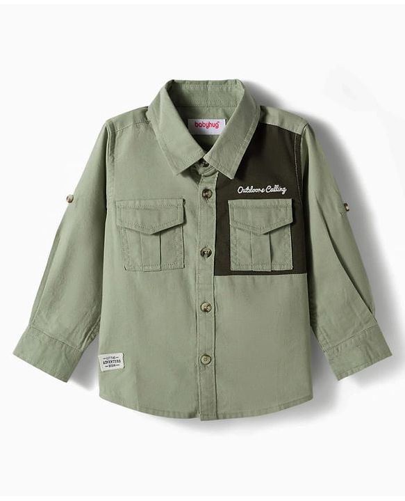 Babyhug Cotton Woven Full Sleeves Cut & Sew Solid Shirt with Text Embroidery -Green