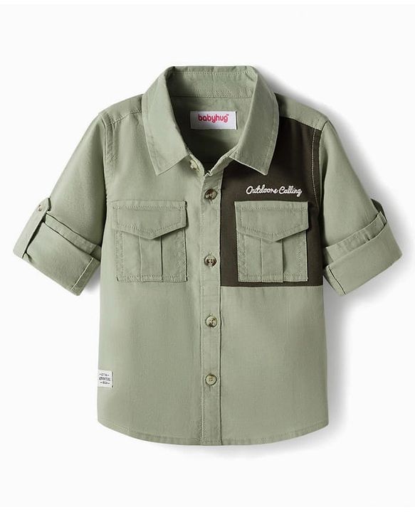 Babyhug Cotton Woven Full Sleeves Cut & Sew Solid Shirt with Text Embroidery -Green