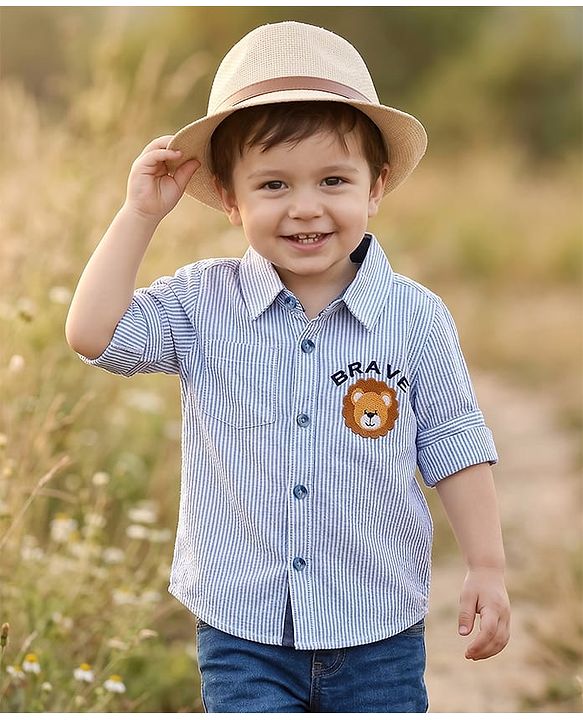 Babyhug Cotton Woven Full Sleeves Striped Shirt With Lion Patch - Blue