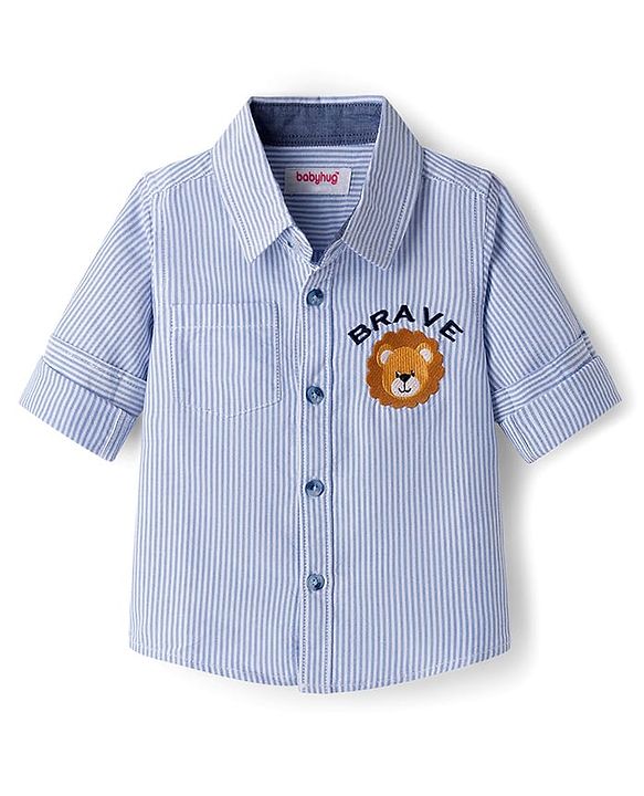 Babyhug Cotton Woven Full Sleeves Striped Shirt With Lion Patch - Blue
