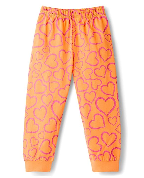 Babyhug Knit Full Sleeves Co-ords Night Suit With Heart Print - Orange