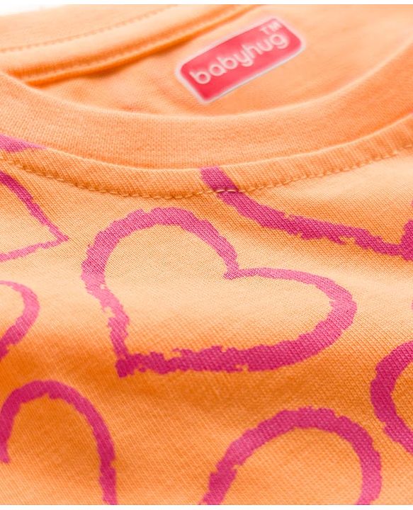 Babyhug Knit Full Sleeves Co-ords Night Suit With Heart Print - Orange