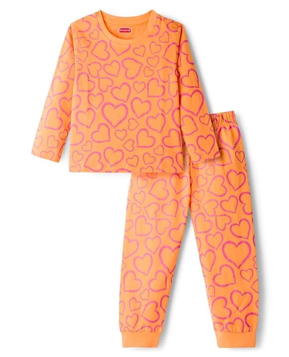 Babyhug Knit Full Sleeves Co-ords Night Suit With Heart Print - Orange