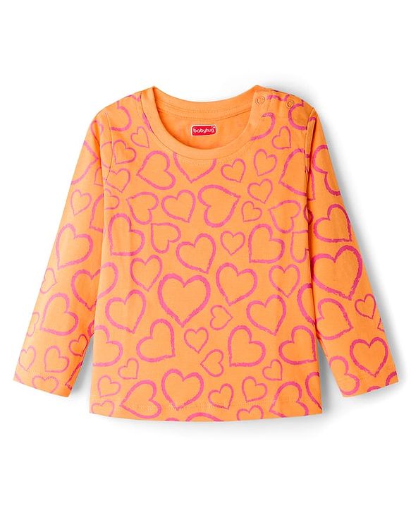 Babyhug Knit Full Sleeves Co-ords Night Suit With Heart Print - Orange