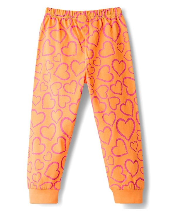 Babyhug Knit Full Sleeves Co-ords Night Suit With Heart Print - Orange