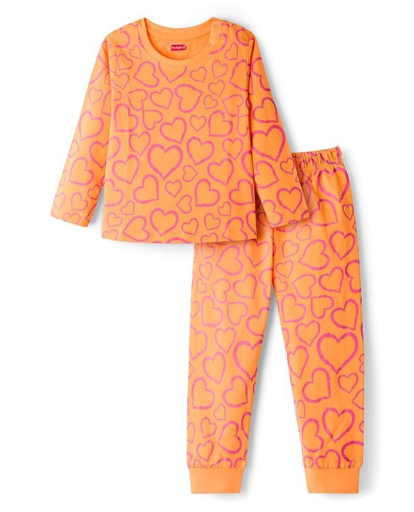 Babyhug Knit Full Sleeves Co-ords Night Suit With Heart Print - Orange