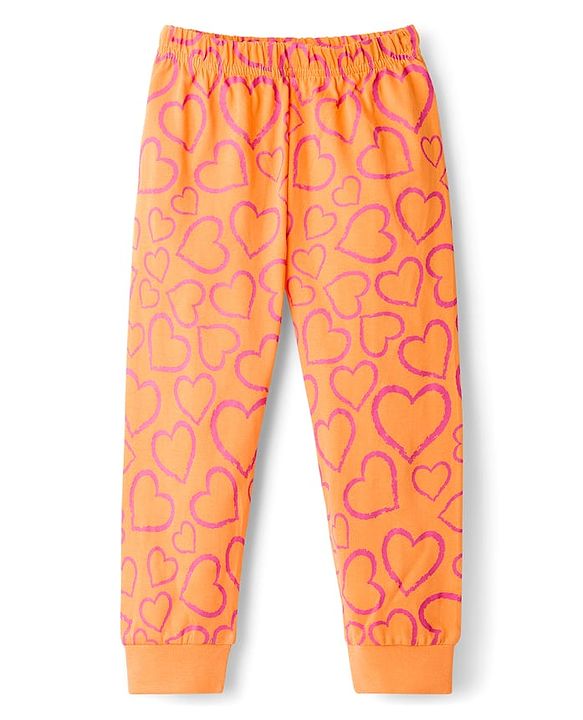 Babyhug Knit Full Sleeves Co-ords Night Suit With Heart Print - Orange