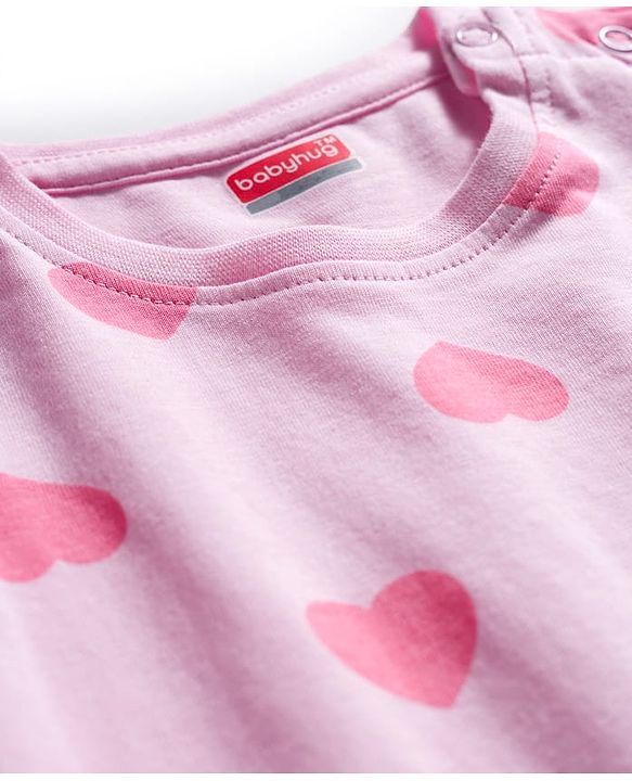 Babyhug Knit Full Sleeves Co-ords Night Suit With Heart Print - Light Pink