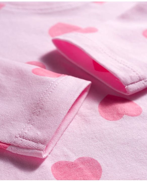Babyhug Knit Full Sleeves Co-ords Night Suit With Heart Print - Light Pink
