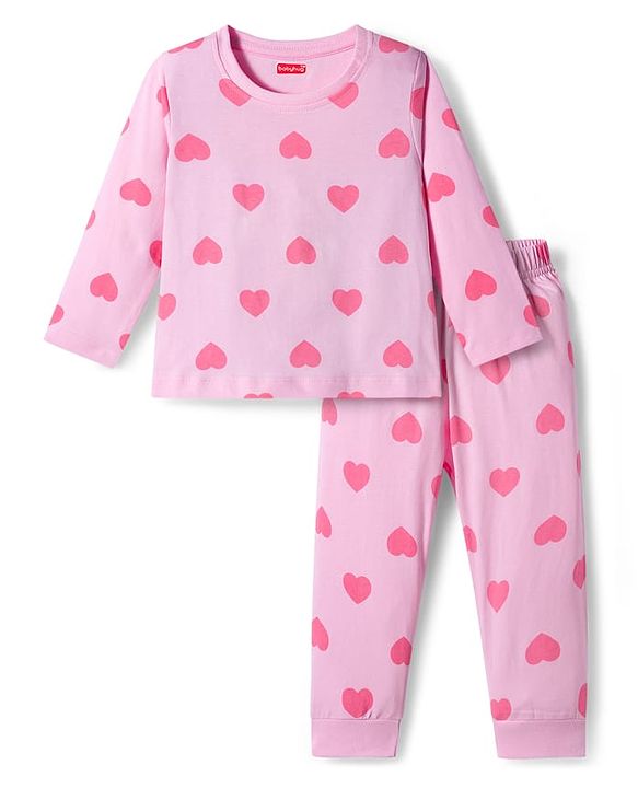 Babyhug Knit Full Sleeves Co-ords Night Suit With Heart Print - Light Pink