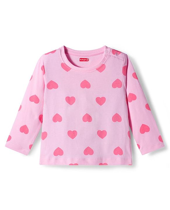 Babyhug Knit Full Sleeves Co-ords Night Suit With Heart Print - Light Pink