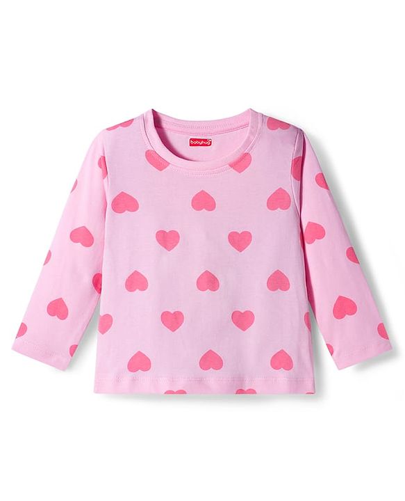 Babyhug Knit Full Sleeves Co-ords Night Suit With Heart Print - Light Pink