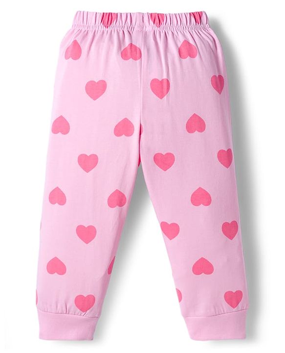 Babyhug Knit Full Sleeves Co-ords Night Suit With Heart Print - Light Pink