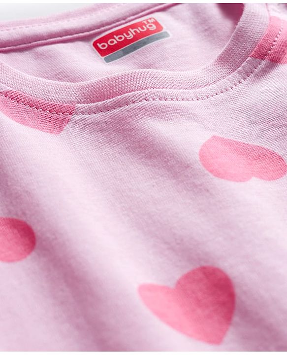 Babyhug Knit Full Sleeves Co-ords Night Suit With Heart Print - Light Pink