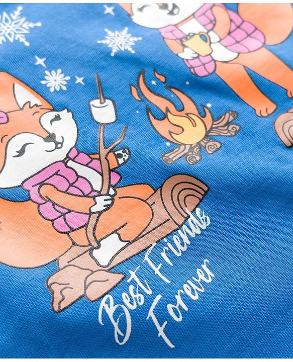 Babyhug Cotton Knit Full Sleeves Night Suit With Fox Print - Blue