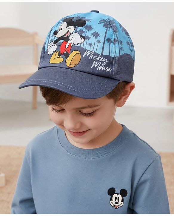 Babyhug Disney Cotton Woven Summer Cap With Mickey Mouse Graphics Navy Blue - Diameter 18 cm