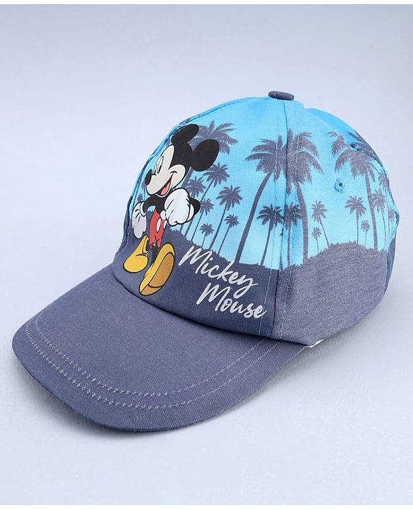 Babyhug Disney Cotton Woven Summer Cap With Mickey Mouse Graphics Navy Blue - Diameter 18 cm