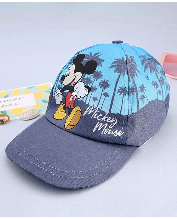 Babyhug Disney Cotton Woven Summer Cap With Mickey Mouse Graphics Navy Blue - Diameter 15 cm