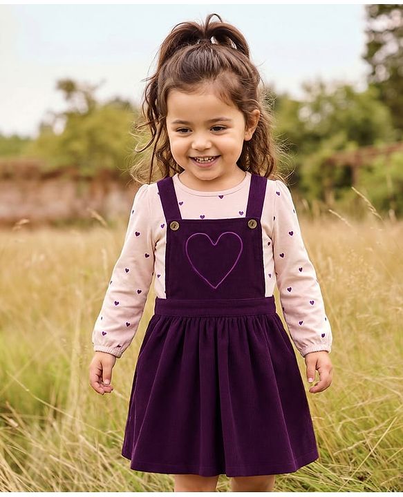 Babyhug Cotton Woven Frock with Full Sleeves Tee & Heart Print - Purple