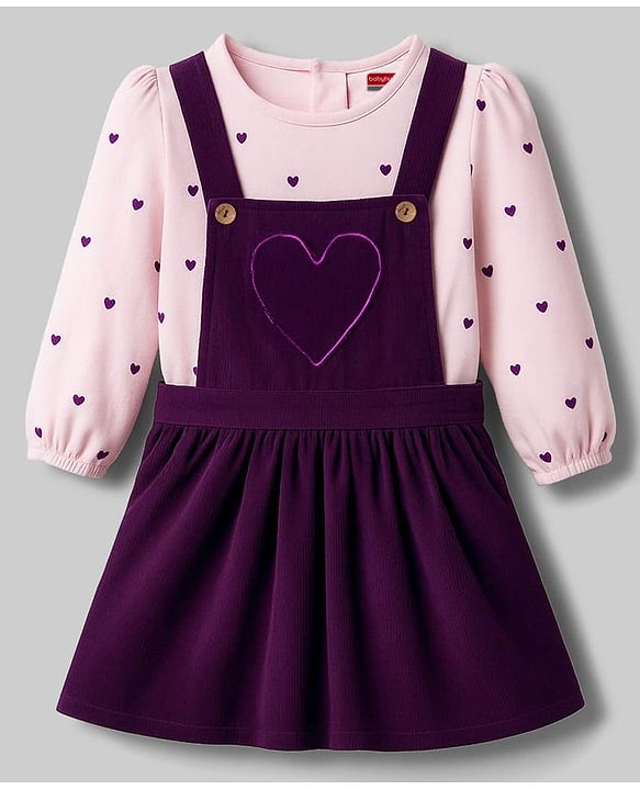 Babyhug Cotton Woven Frock with Full Sleeves Tee & Heart Print - Purple