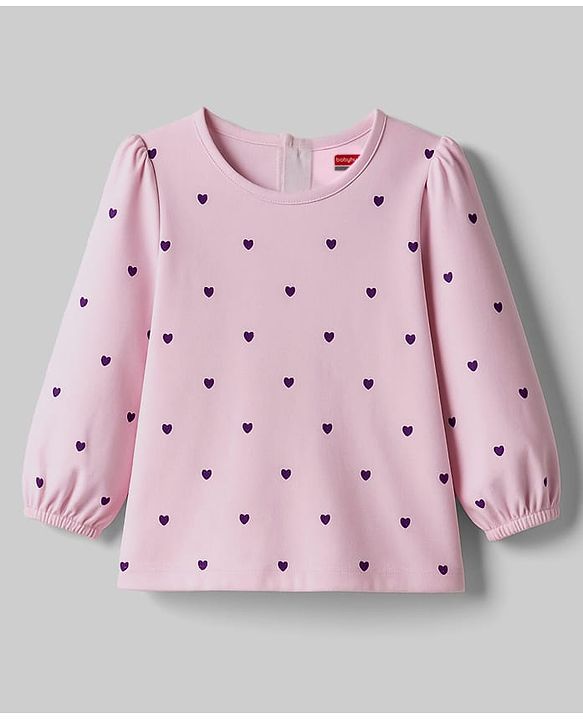 Babyhug Cotton Woven Frock with Full Sleeves Tee & Heart Print - Purple