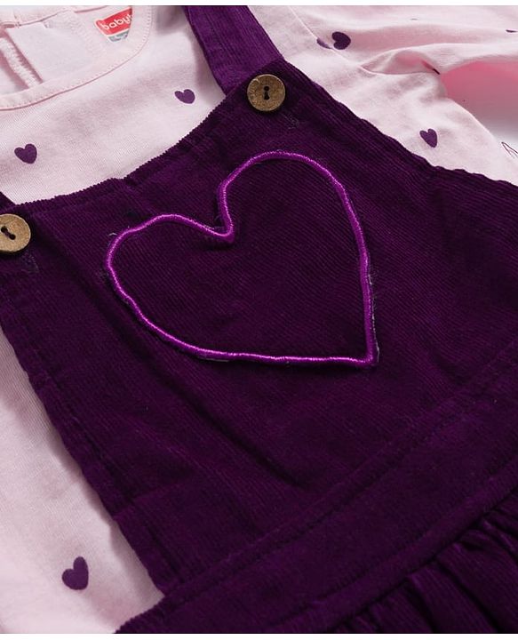 Babyhug Cotton Woven Frock with Full Sleeves Tee & Heart Print - Purple
