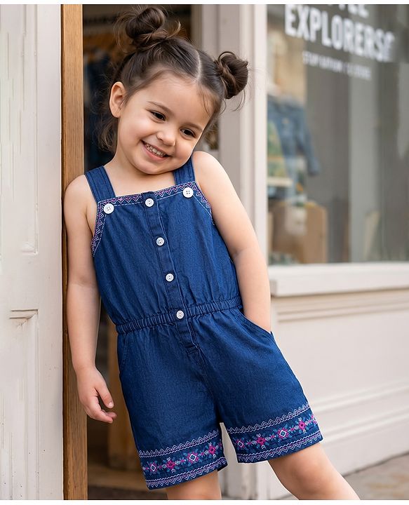 Babyhug Woven Sleeveless Denim Jumpsuit With Floral Embroidery - Navy Blue