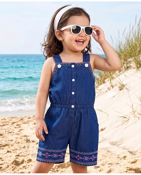 Babyhug Woven Sleeveless Denim Jumpsuit With Floral Embroidery - Navy Blue