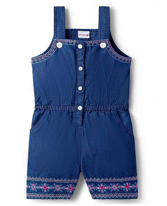 Babyhug Woven Sleeveless Denim Jumpsuit With Floral Embroidery - Navy Blue