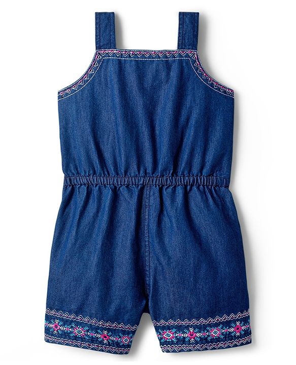 Babyhug Woven Sleeveless Denim Jumpsuit With Floral Embroidery - Navy Blue