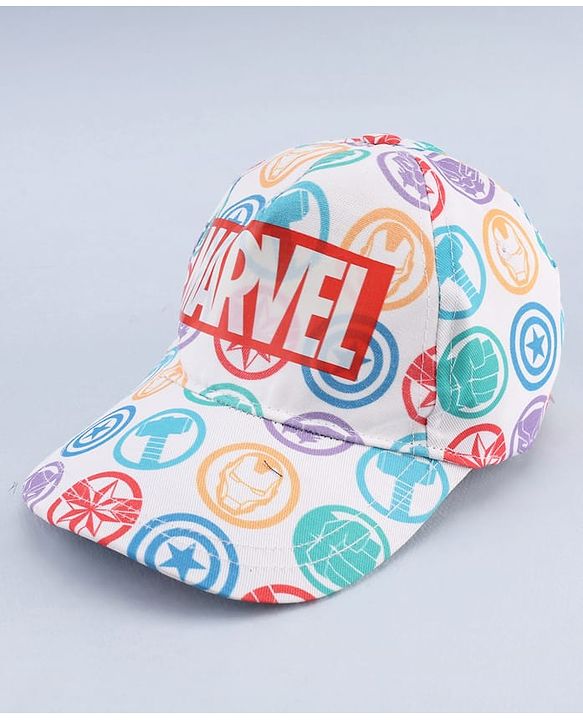 Babyhug Marvel Cotton Woven Summer Cap with Avengers Graphic White - Diameter 17 cm