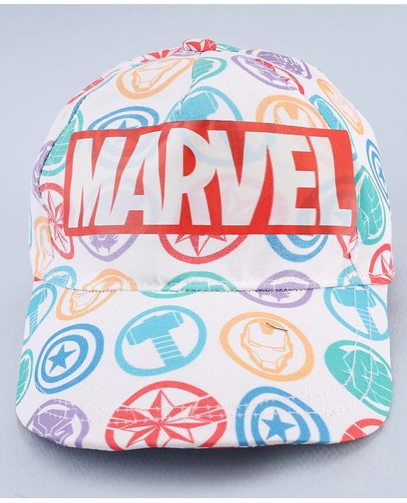 Babyhug Marvel Cotton Woven Summer Cap with Avengers Graphic White - Diameter 17 cm