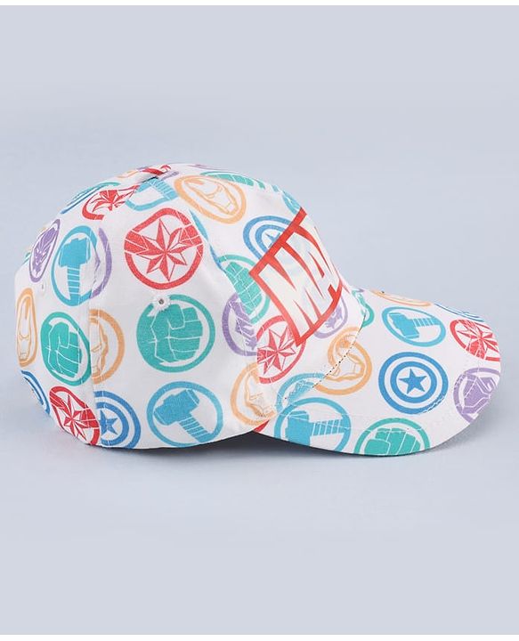 Babyhug Marvel Cotton Woven Summer Cap with Avengers Graphic White - Diameter 17 cm